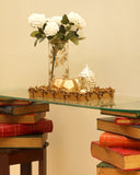 This artisan console enhances the room’s style, showcasing timeless craftsmanship from Lahore.