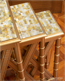 Close-up reveals the intricate craftsmanship and fine detailing of this artisan nest of tables, proudly handmade in Lahore.