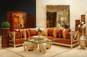 Complete living room featuring a luxurious sofa set, side tables, ambient lighting, and wall art for a warm, curated feel.