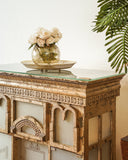Close-up of the detailed craftsmanship on the console table, highlighting fine textures and design from Lahore.