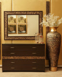 Bed set, handmade in Lahore, shown with dresser and wall frame, styled with minimal, elegant decor.