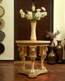 Detailed view of the lion carving on a wooden hall table, showcasing fine craftsmanship and rich textures, handmade in Lahore.