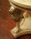 Close-up of the detailed lion design on a handcrafted hall table, adding regal charm to a sophisticated living room, made in Lahore.