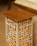 Close-up of floor lamp showing detailed design and soft glow, handmade in Lahore.