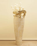 Panther Terracotta vase with a decorative gold panther and white flowers, stylish home decor and handmade furniture from Lahore.