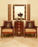 Elegant chair set enhances this modern living space, featuring plush cushions and rich wood finishes, handcrafted with care.