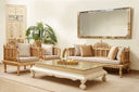 The Deewan-e-Khas Sofa Set anchors a luxurious living room with its regal presence and elegant curves, showcasing handmade craftsmanship from Lahore, Pakistan.