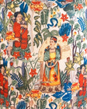 A close-up of a textile or wallpaper pattern featuring Frida Kahlo-style figures in colorful traditional clothing surrounded by tropical leaves, flowers, and birds on an off-white background.