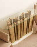 console with a unique base design in a room setting