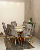 Elegant Mother of Pearl Round Dining Set in a luxurious living room setting, featuring handmade furniture from Lahore, Pakistan.