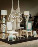 Elegant Multani Chair in a luxurious living room setting, featuring handmade furniture from Lahore, Pakistan.